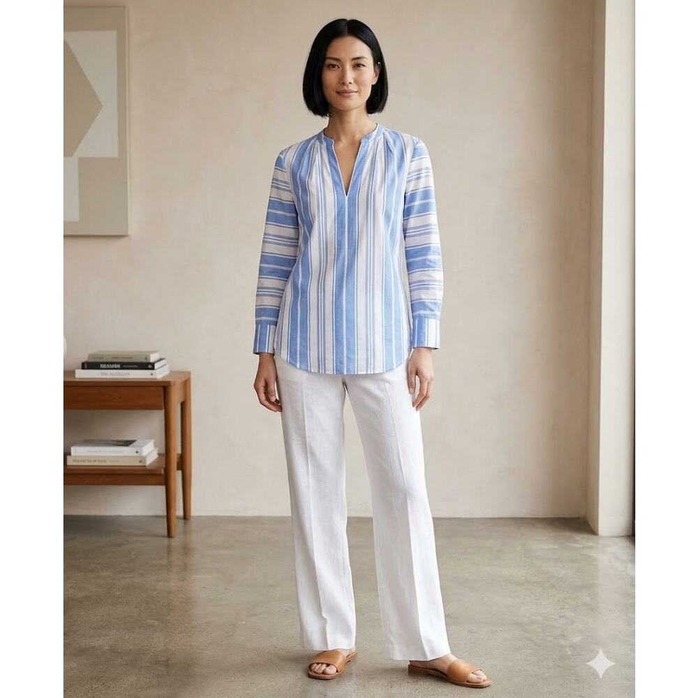 J‎ Crew Top Womens Stripped V Neck Long Sleeve White Blue Shirt Size Medium